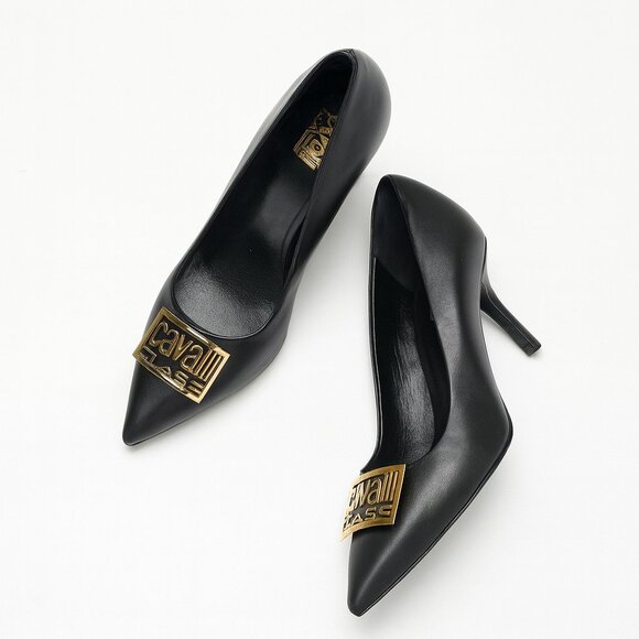 Roberto Cavalli Class Black Leather Pumps Gold Buckle 3″ Stiletto Size 5 NWOT - Picture 1 of 14